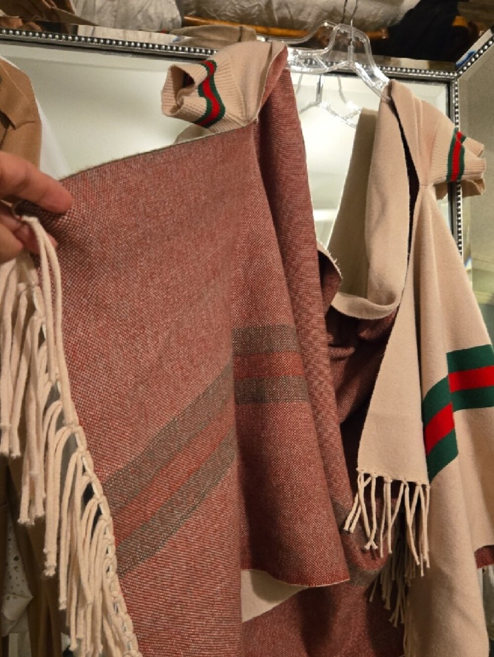 Beige Fringe Cape Poncho with Green & Red Stripes - Picture 2 of 7